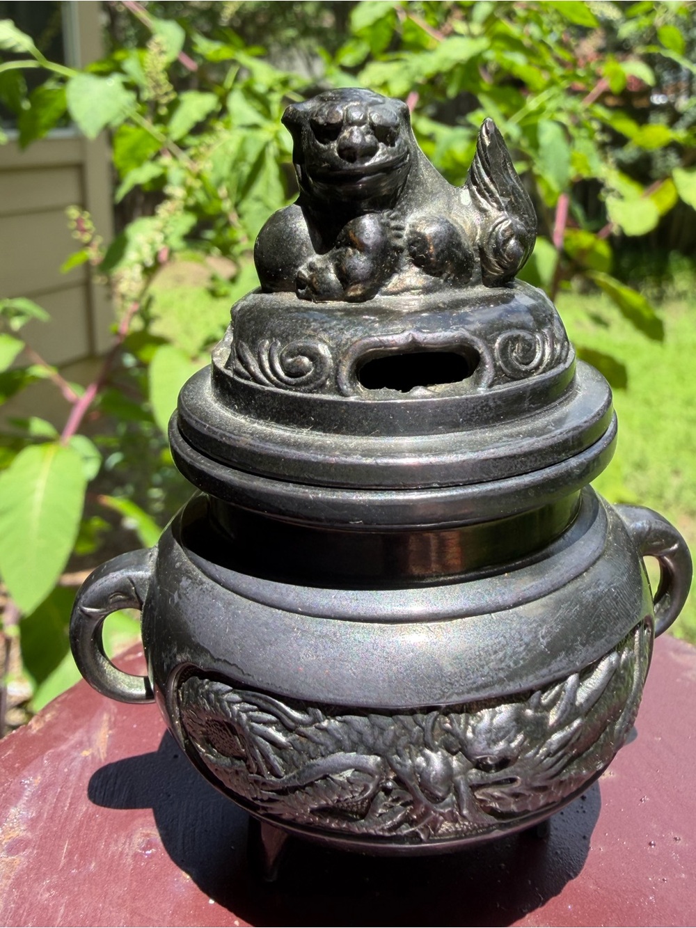 Authentic Japanese bronze incense burner 1950’s Shishi Foo Lion Design 3 inches